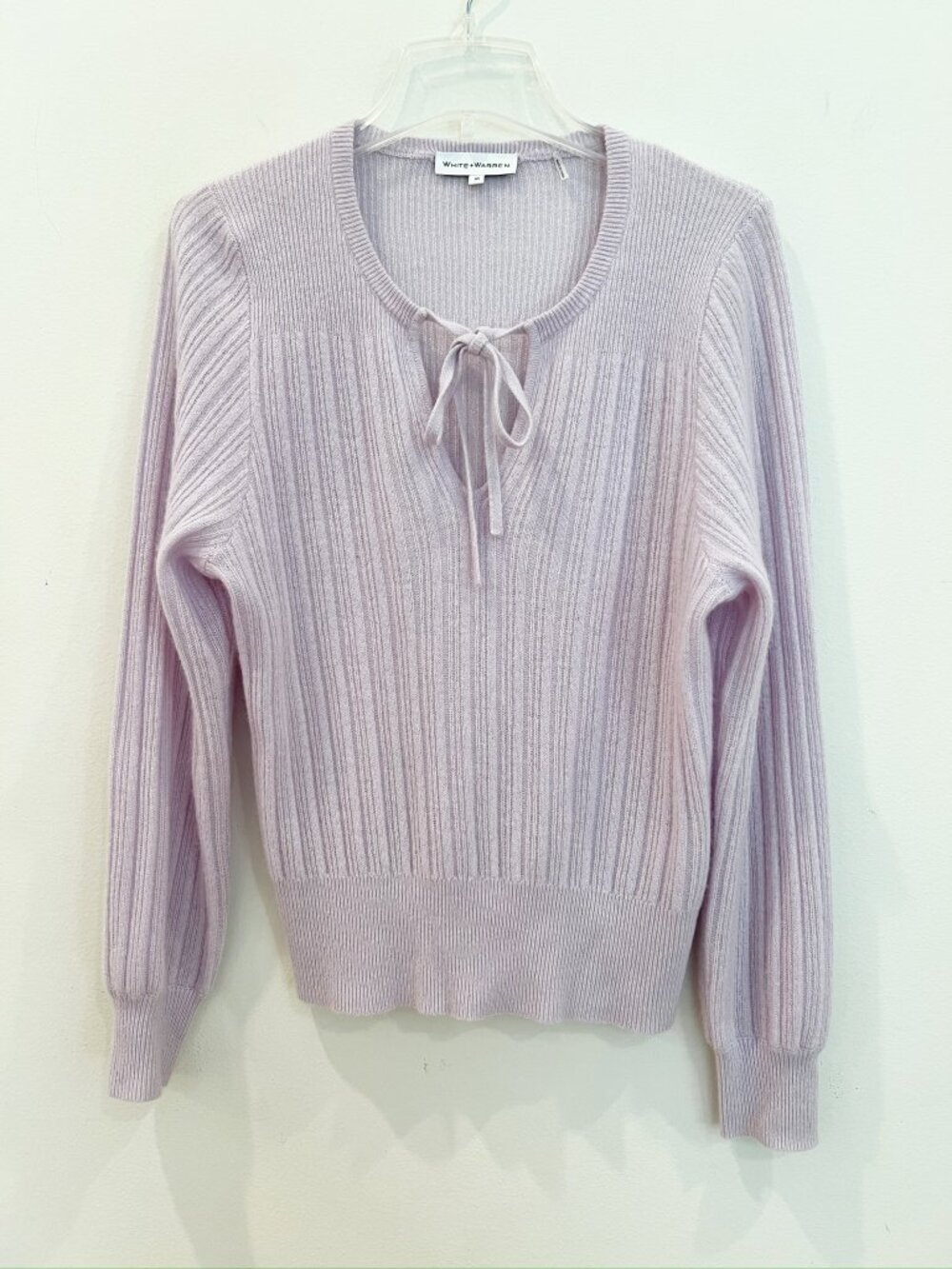 White Warren Sweater Womens Medium Lilac Cashmere Tie Front Ribbed Quiet Luxury